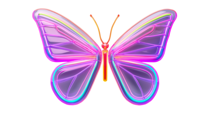 Neon glow butterfly with vibrant holographic colors and iridescent lighting, digital abstract fantasy artwork isolated on transparent background cutout
