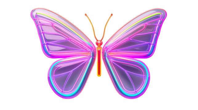 Neon glow butterfly with vibrant holographic colors and iridescent lighting, digital abstract fantasy artwork isolated on transparent background cutout - Powered by Adobe