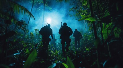 Military Team on Patrol Through the Jungle at Night with Blue Lighting