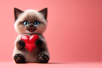 Cute himalayan baby feline with diamond red heart - sign of love, funny greeting card. Himalayan - my beloved cat. Digital ads visual idea. Red valentine animal wallpaper. Cat with red ribbon.
