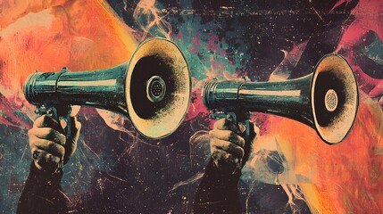 Empowering voices a dynamic display of dual megaphones abstract art digital collage
