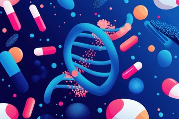 Fototapeta premium DNA strand with pills and molecules.