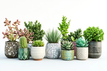 Fototapeta premium A high-quality 3D illustration showcasing an array of indoor plants, such as succulents, in unique pots, isolated on a bright white background.