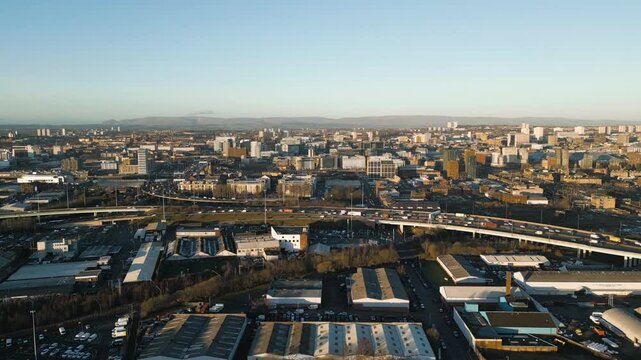 Aerial Push In of Glasgow City Centre M74, M8 Highway Showing Traffic