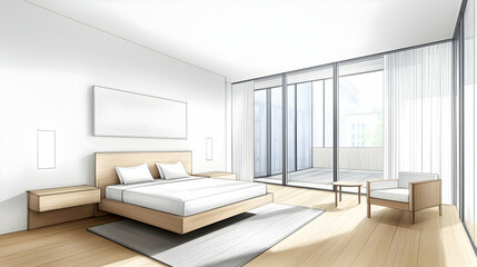 Fototapeta premium Bright Modern Bedroom Interior with Minimalist Furniture and Large Windows