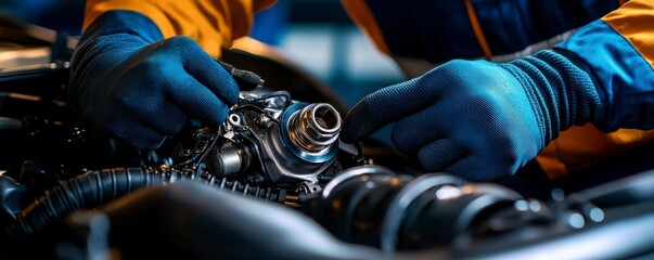 Mechanic Inspecting Car Engine Component Closeup