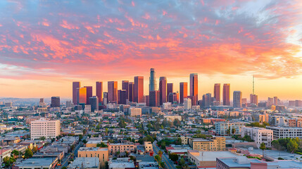 Obraz premium Vibrant Sunset Over City Skyline with Orange and Pink Clouds in Evening