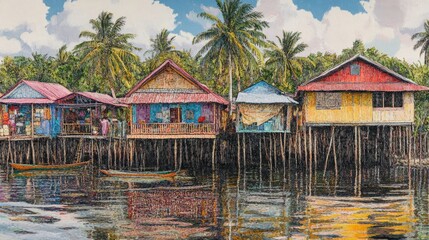 Fototapeta premium Colorful Coastal Town Embracing Mangrove Benefits