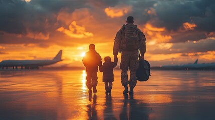 Military family reunion, controlled emotion breaking through, airport setting