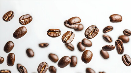 Roasted Coffee Beans Falling Against White Background in Close Up Photography