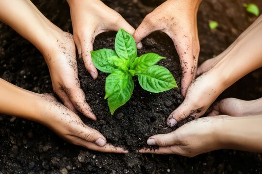 A symbolic image of a team of hands nurturing a growing plant in rich soil, promoting community and nature conservation.