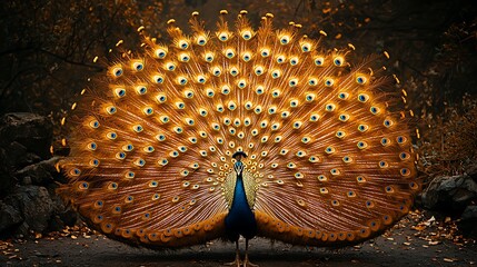 Golden Peacock displaying feathers, autumn forest background, wildlife photography, nature