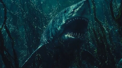 A mysterious shark appearing in the middle of a dense rainforest, its imposing presence contrasting with the lush greenery and tangled vines