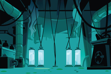 Render a sinister, dimly lit laboratory; bubbling green test tubes, sparking wires, metallic apparatus, ominous shadows.