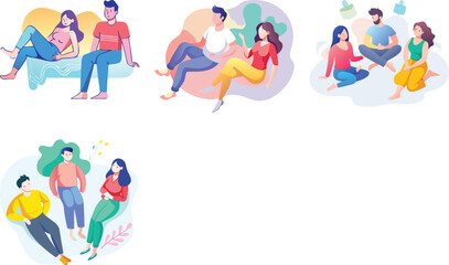 Fototapeta premium Relaxing men and women together watercolor vector art set design 