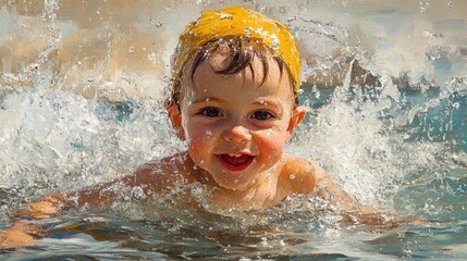 Parent teaching child to swim, encouraging expression, pool edge framing