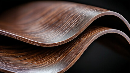 A close-up of beautifully curved wooden surfaces showcasing rich textures and a deep brown hue.