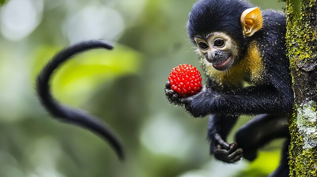 A playful monkey snatching a bright red fruit from a jungle branch, its tail curled around the tree trunk as it looks around cautiously