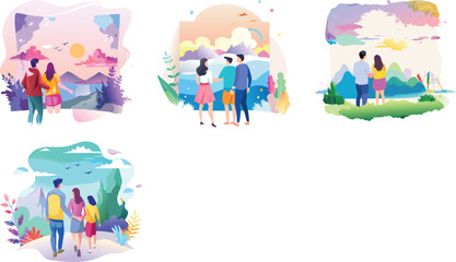 Fototapeta premium Scenery view men and women together watercolor vector art set 