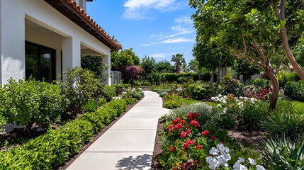 Naklejka premium Lush blooming flower garden pathway in residential landscape photography