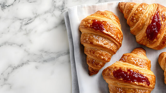 Golden croissants with butter and jam on linen napkin, placed on marble surface. flaky texture and rich filling create inviting breakfast scene