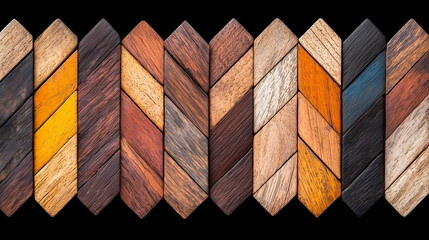 Fototapeta premium A colorful arrangement of wooden planks arranged in a herringbone pattern, showcasing various textures and shades of wood.