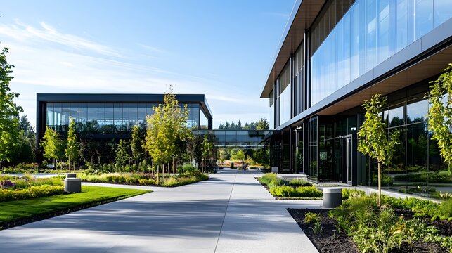 Modern architecture in a tranquil green business park for enhanced productivity