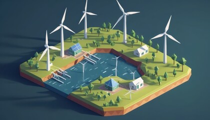 Optimized Renewable Energy Island with Wind Turbines and Solar Panels Surrounded by Clear Water and Lush Greenery for Sustainable Future