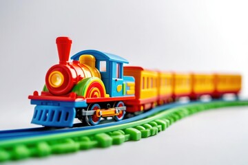 A colorful toy train set on a green and blue track, perfect for imaginative play.