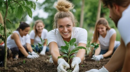 Fototapeta premium Group people of men and women volunteers engage together in a social activity to plant trees to care for the environment and the planet on Earth Day. Nature conservation and environmental well-being.
