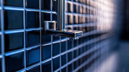 Obraz premium Chrome Faucet on Modern Dark Tile Bathroom Wall Revealing Luxurious and Sleek Interior Design