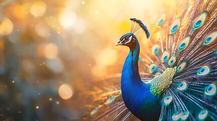 Majestic peacock displays plumage in golden sunlight, nature bokeh background  ideal for wildlife, nature, beauty ©  Jagat_Aji