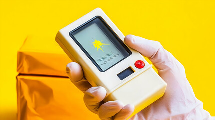 Retro handheld game device, held in gloved hand, against yellow background