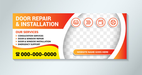 Door repair and installation web banner or landing page Automobile window installation. horizontal layout with space for photo collage. infographic element and shadow effect. 
