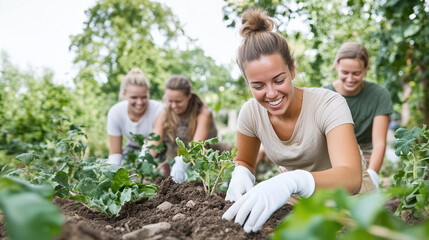 Fototapeta premium A group of people of women volunteers engage together in a social activity to plant trees to care for the environment and the planet on Earth Day. Nature conservation and environmental well-being.
