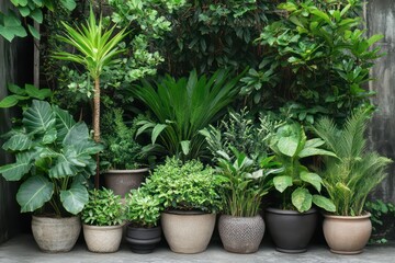 Obraz premium A symmetrical arrangement of multiple potted plants in varied planters, showcasing different greenery types.