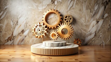 Macro Photography: Floating Gear, Sepia Marble, 3D Wooden Texture - High Contrast Vintage Image