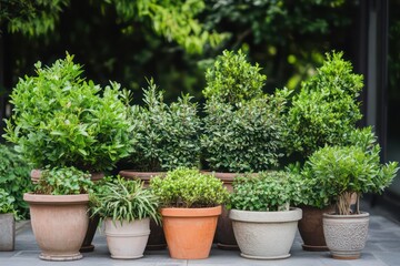 A symmetrical arrangement of multiple potted plants in varied planters, showcasing different greenery types.