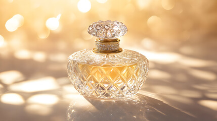luxurious perfume bottle with intricate crystal details and golden accent, reflecting warm light. elegant design exudes sophistication and timeless beauty