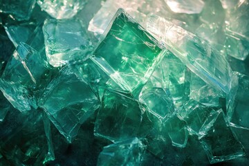 Obraz premium A pile of shattered, translucent, teal-green glass fragments reflecting light.