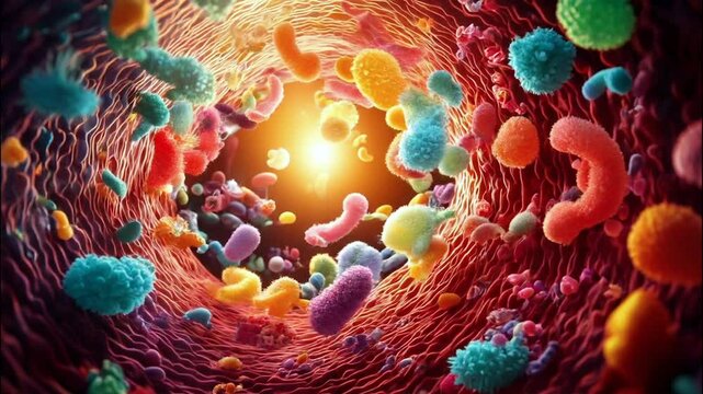 3D Animation of Colorful and Diverse Intestinal Bacteria Floating Around in Human Gut. Concept of Gut Flora and Microbiome.