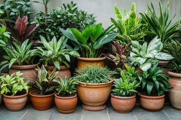 Obraz premium A symmetrical arrangement of multiple potted plants in varied planters, showcasing different greenery types.
