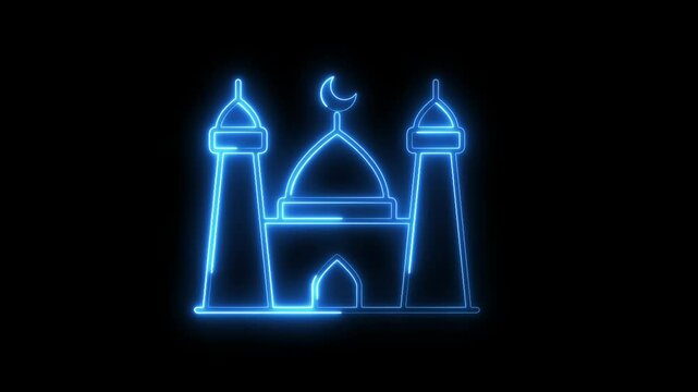 Glowing neon line modern masjid icon animation on black background, neon masque icon animation, Mosque icon concept