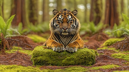 A tiger peacefully lying on a moss-covered stone, its striped fur blending harmoniously with the forest floor, exuding quiet strength