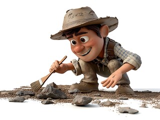 Child archaeologist unearthing fossils in a desert landscape