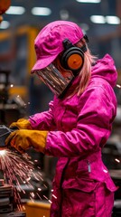 Pink Clad Industrial Artisan Sparking Steel with Protective Gear in Manufacturing Environment