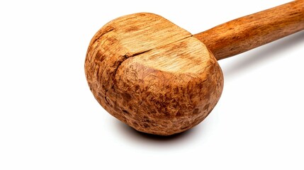 Round Wooden Mallet Isolated on White Backdrop Close Up Shot for Carpentry Work and Manual Labor