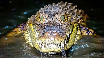 Obraz premium The eerie moment a crocodileâ€™s head appears from beneath the black waters of a jungle swamp, water dripping from its powerful jaws