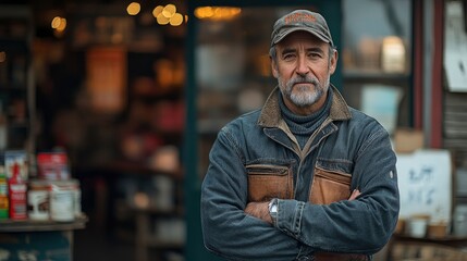 Small business owner last day ritual, bittersweet expression, empty shop