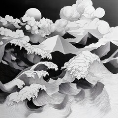 Dynamic ocean wave art coastal landscape digital illustration monochrome aerial perspective nature concept